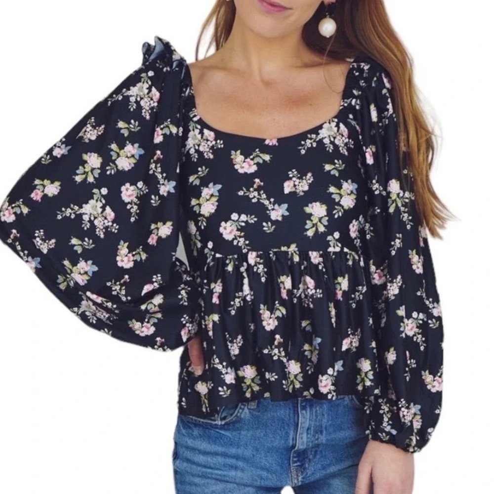 Smith & Quinn The Ophelia Ebony Floral Ruffle Puff Sleeve Peplum Top XL